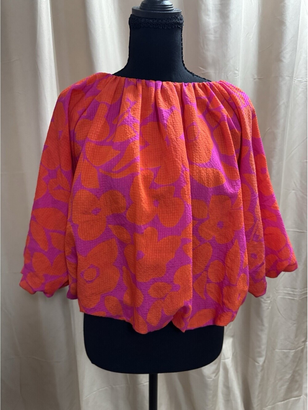 THML Floral Off Shoulder Blouse Women’s M Pink Orange NWT Boho Balloon Sleeve - Picture 2 of 8